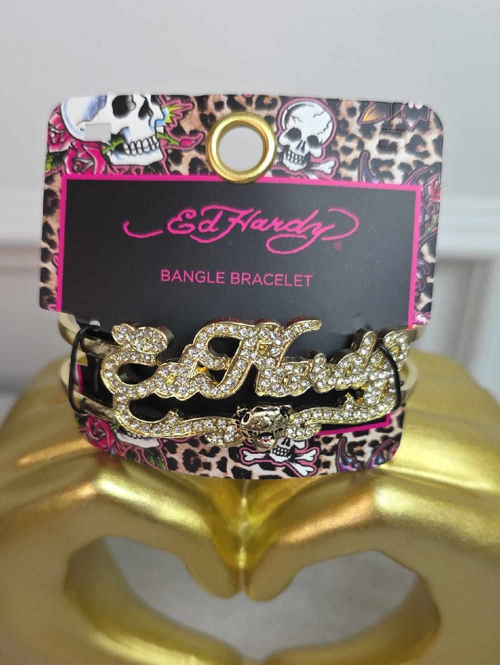 Ed Hardy Gold Crystal Script Logo Bracelet
